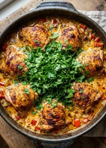 Mediterranean Chicken Casserole with crispy skin and creamy orzo served in a baking dish.