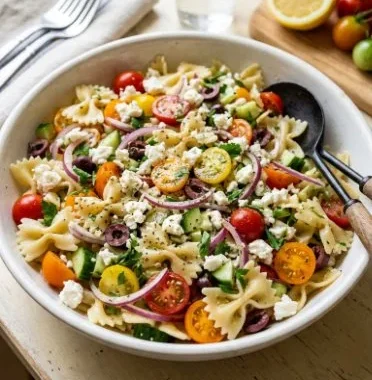 Colorful Mediterranean Pasta Salad with fresh vegetables and olives