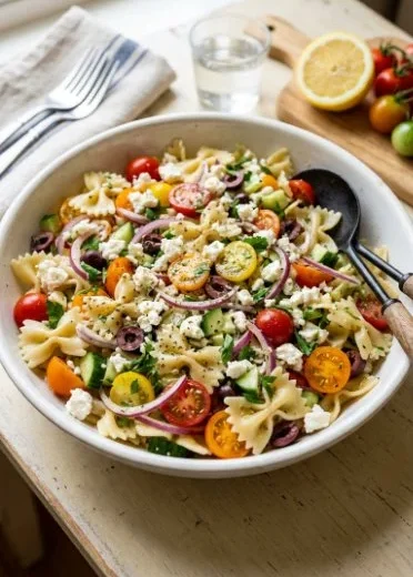 Colorful Mediterranean Pasta Salad with fresh vegetables and olives