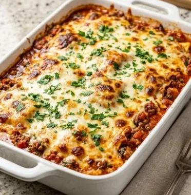 Baked Million Dollar Ravioli Casserole topped with cheese and herbs