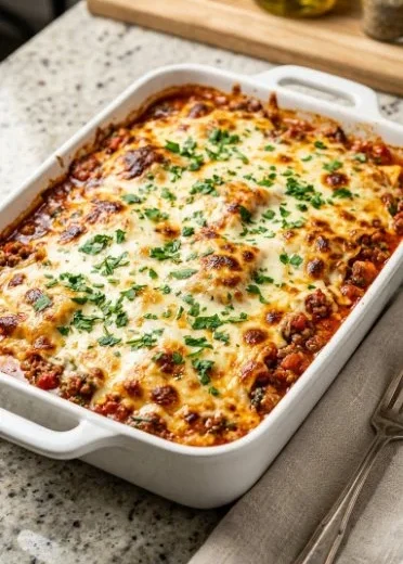 Baked Million Dollar Ravioli Casserole topped with cheese and herbs