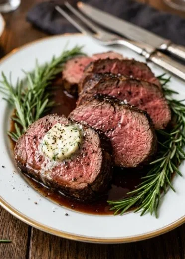 Mouthwatering Million Dollar Roast Beef Tenderloin served beautifully on a platter.