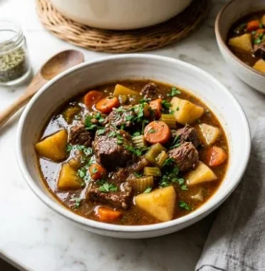Old Fashioned Beef Stew 1 Delicious old fashioned beef stew served in a rustic bowl with fresh herbs.