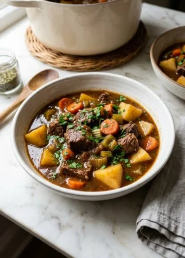 Delicious old fashioned beef stew served in a rustic bowl with fresh herbs.