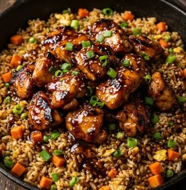 One-Pan Bold Honey BBQ Chicken Rice 2 One-pan honey BBQ chicken rice dish with vibrant ingredients