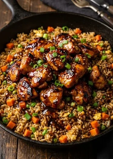 One-pan honey BBQ chicken rice dish with vibrant ingredients