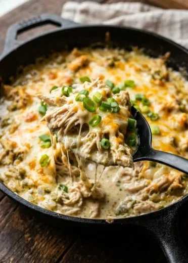 One pan dish of Keto Green Chili Chicken garnished with fresh herbs
