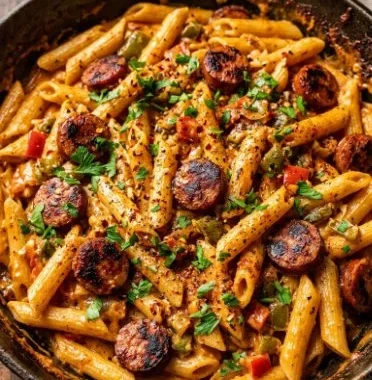 One-Pot Creamy Spicy Cajun Sausage Pasta 2 One-pot creamy spicy Cajun sausage pasta dish garnished with herbs.