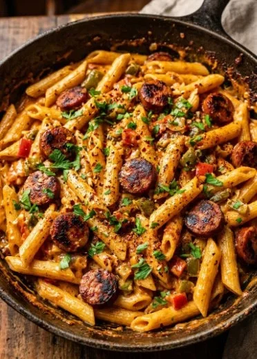 One-pot creamy spicy Cajun sausage pasta dish garnished with herbs.