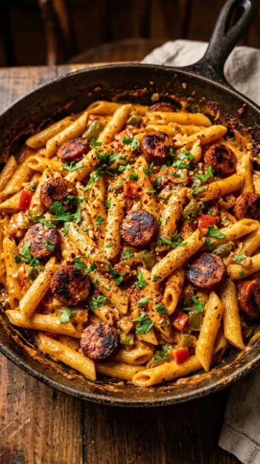 One-pot creamy spicy Cajun sausage pasta dish garnished with herbs.