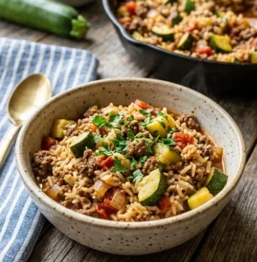 One skillet beef and zucchini rice dish served in a bowl for an easy meal.