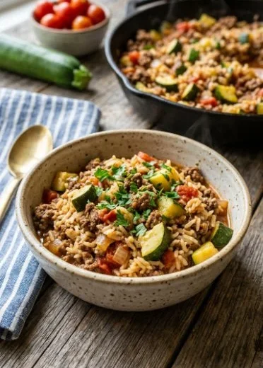 One skillet beef and zucchini rice dish served in a bowl for an easy meal.