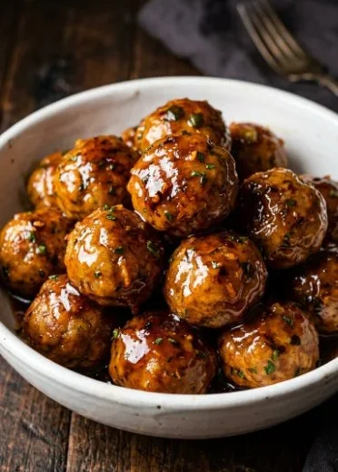 Orange Chicken Meatballs served with a savory sauce and garnished with green onions