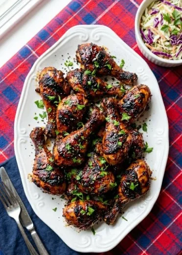 Oven baked BBQ chicken legs and thighs served with a side dish