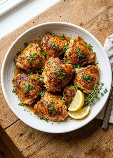 Delicious oven baked chicken thighs seasoned and ready to serve