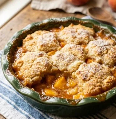Delicious homemade peach cobbler served in a baking dish