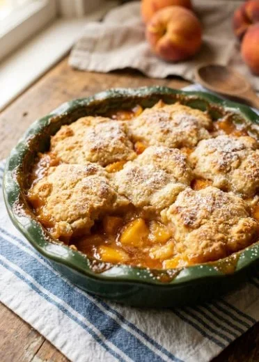 Delicious homemade peach cobbler served in a baking dish