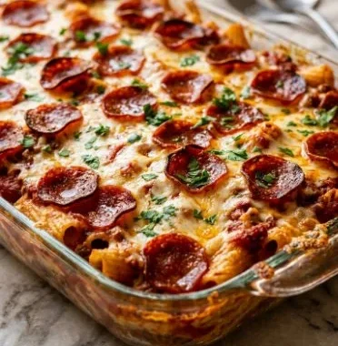 Delicious Pepperoni Pizza Casserole topped with gooey cheese and pepperoni slices.