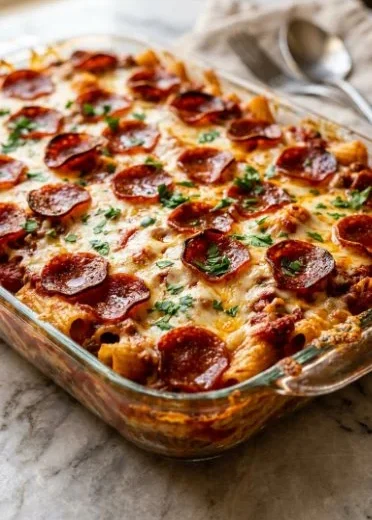 Delicious Pepperoni Pizza Casserole topped with gooey cheese and pepperoni slices.