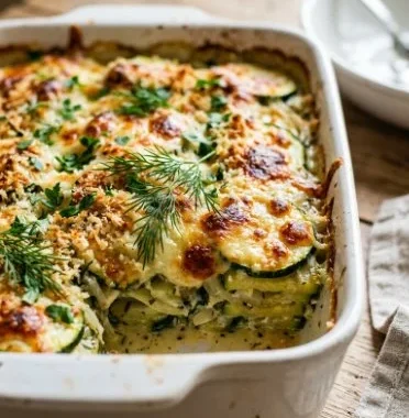 Perfect crispy baked zucchini casserole with melted cheese and herbs