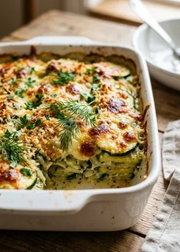 Perfect crispy baked zucchini casserole with melted cheese and herbs