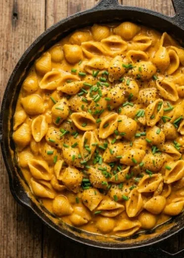 Delicious bowl of Pumpkin Mac and Cheese topped with breadcrumbs and herbs