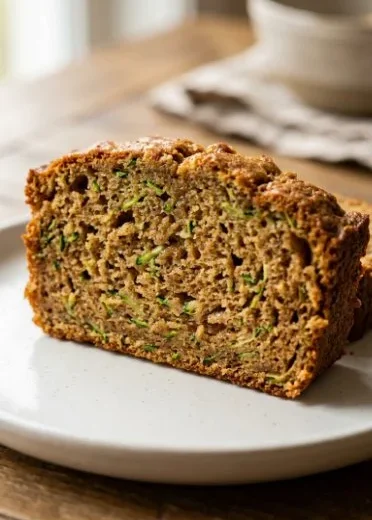 Freshly baked Pumpkin Zucchini Bread on a wooden table