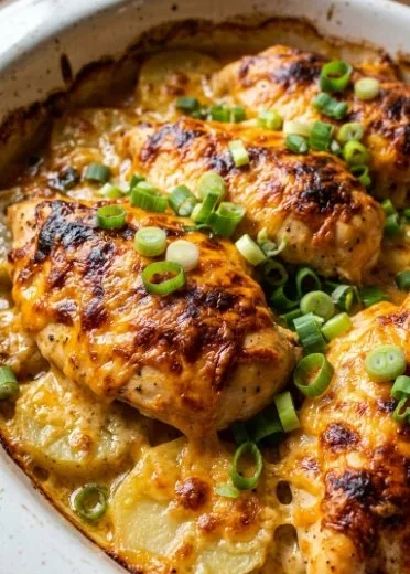 Ranch Chicken & Cheddar Potato Casserole served in a baking dish