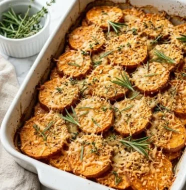Savory Herb and Parmesan Sweet Potato Bake in a baking dish