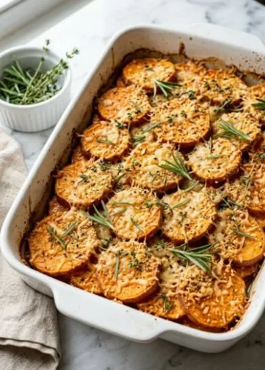 Savory Herb and Parmesan Sweet Potato Bake in a baking dish