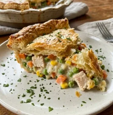 Savory turkey pot pie fresh out of the oven with flaky crust