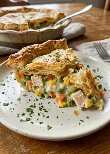 Savory turkey pot pie fresh out of the oven with flaky crust
