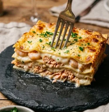 Delicious seafood lasagna with shrimp and crab ready to serve.