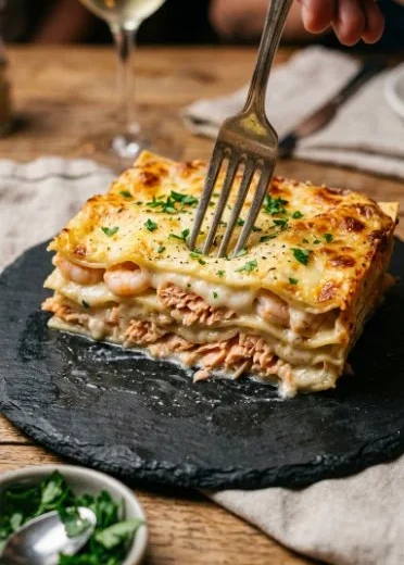 Delicious seafood lasagna with shrimp and crab ready to serve.