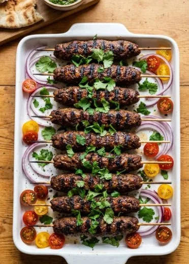 Deliciously prepared sheet pan kebabs with colorful vegetables and spices.