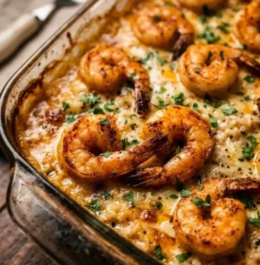 Shrimp and Rice Casserole 1 Delicious shrimp and rice casserole ready to be served in a baking dish