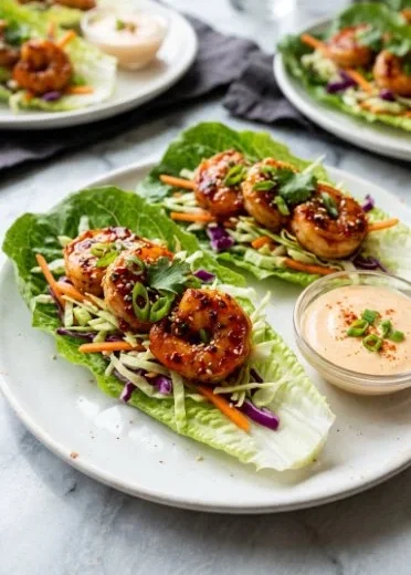 Delicious shrimp lettuce wraps filled with fresh ingredients and herbs