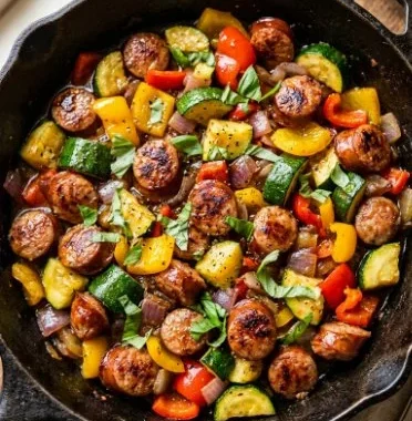 Skillet sausage and zucchini dish served in a frying pan
