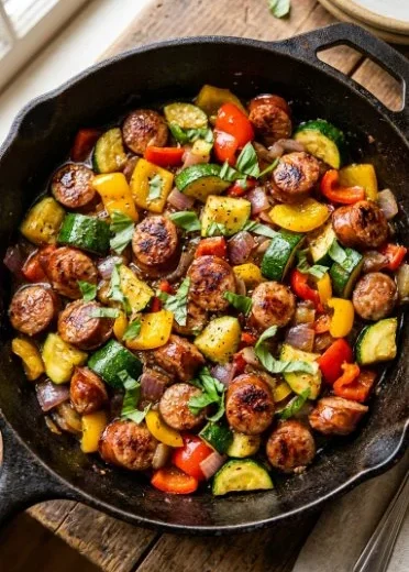 Skillet sausage and zucchini dish served in a frying pan
