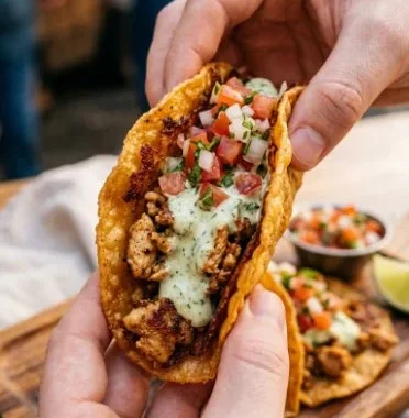 Smashed Chicken Tacos 2 Delicious smashed chicken tacos topped with fresh ingredients