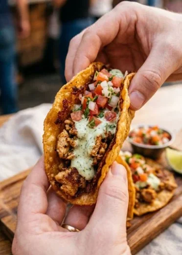 Delicious smashed chicken tacos topped with fresh ingredients