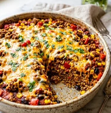 Delicious Southwestern ground turkey casserole topped with cheese and bell peppers