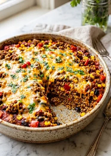 Delicious Southwestern ground turkey casserole topped with cheese and bell peppers