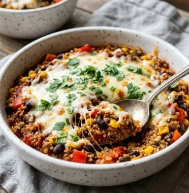 Delicious Southwestern Quinoa Casserole topped with fresh ingredients