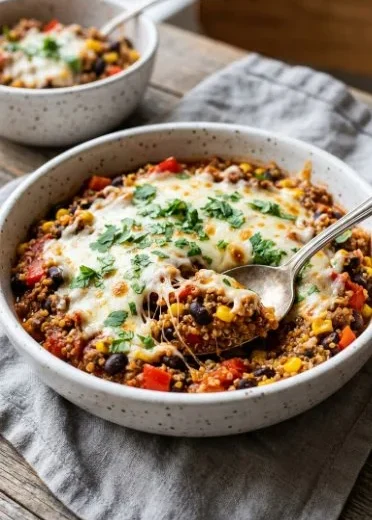 Delicious Southwestern Quinoa Casserole topped with fresh ingredients