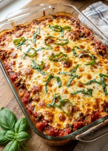 Baked Spaghetti Squash Pizza Casserole topped with cheese and fresh ingredients