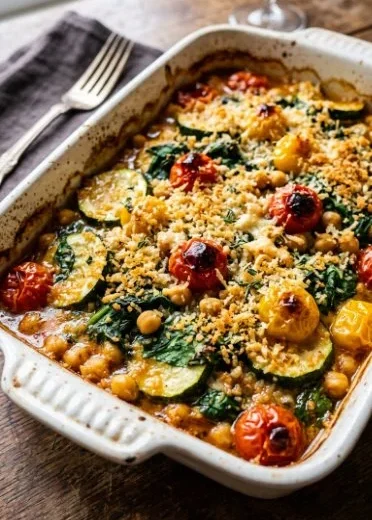 Spinach Zucchini Chickpea Bake served in a dish with fresh herbs