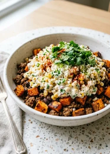 Street Corn Sweet Potato Beef Bowl with fresh ingredients and vibrant toppings