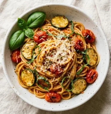 Delicious summery tomato zucchini pasta served with fresh herbs and grated cheese.
