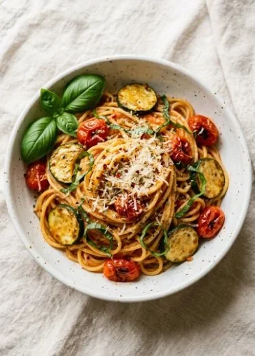 Delicious summery tomato zucchini pasta served with fresh herbs and grated cheese.